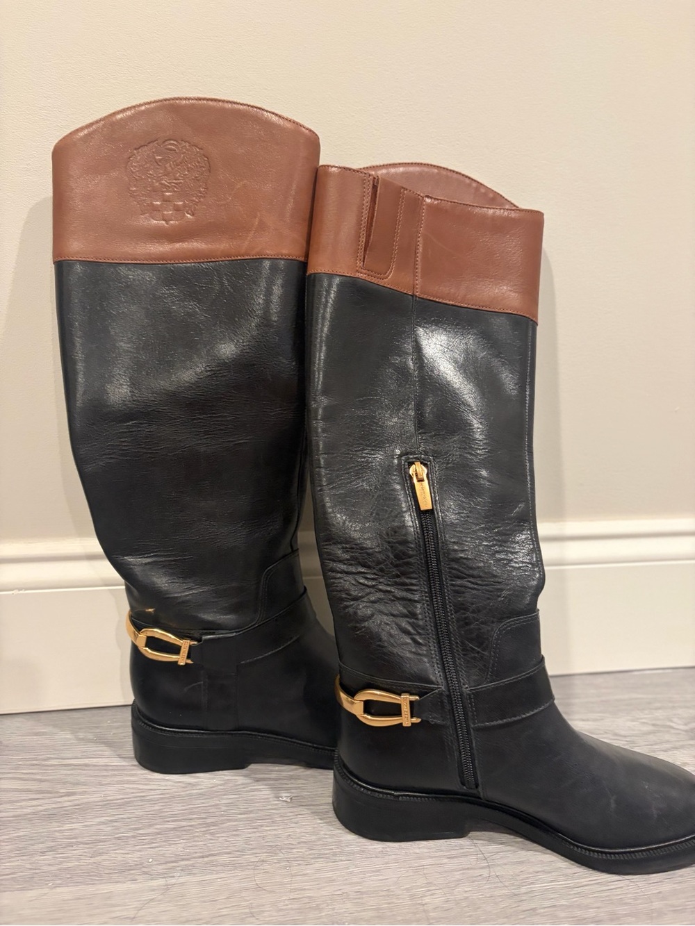 Vince Camuto Black and Brown Tall Leather Riding Boots